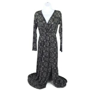 Ella Moss Black Gray Medallion Scroll Long Sleeve Knit Bohemian Maxi Dress